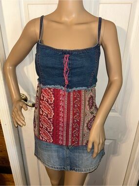 Y2K Denim & Red Patchwork Spaghetti Strap Tank Top